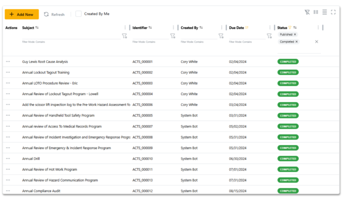 ProactEHS corrective action tracking table
